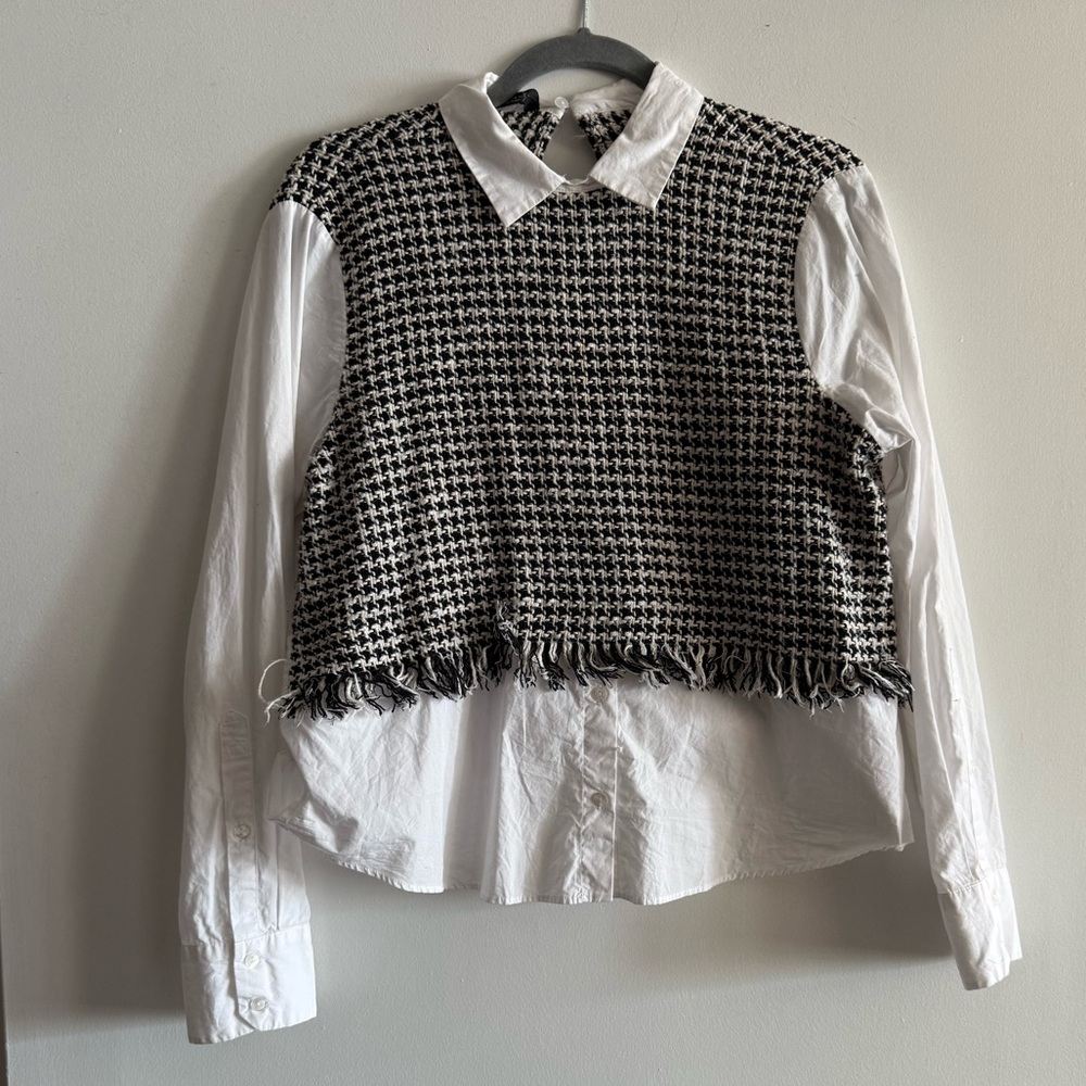 Zara Black and White Tweed Button Down Shirt